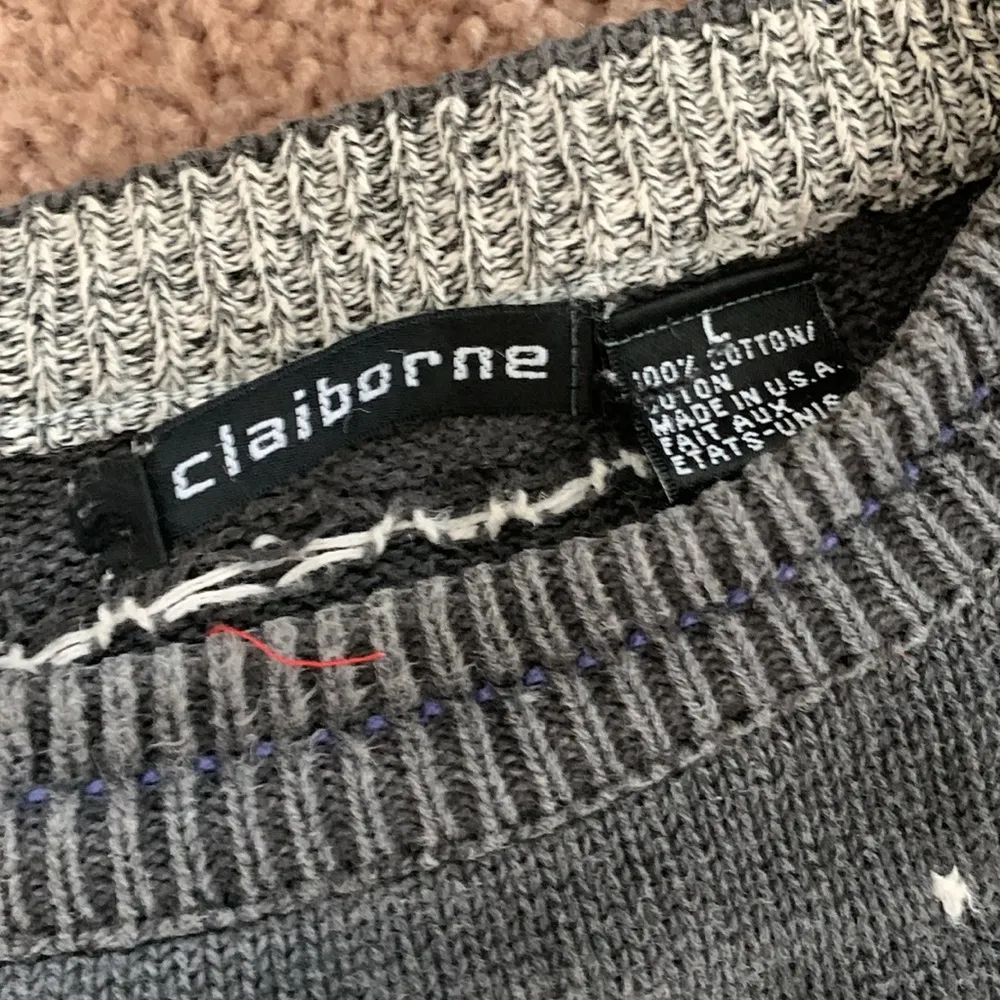 Liz Claiborne Vintage Oversized Cotton Sweater (Sz L) Gray Geo Diamond Grandpa - Image 3