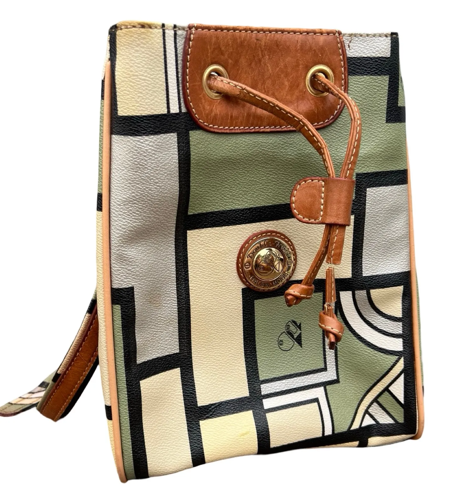 Double Fish 90s Leather Geometric Beige Green Silver Drawstring Shoulder Bag - Image 2