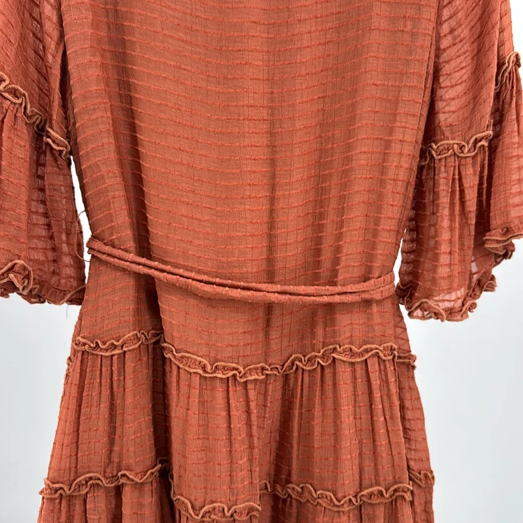 Entro Terracotta V-Neck textured tiered lined Dress S rust puff long sleeve - Image 11