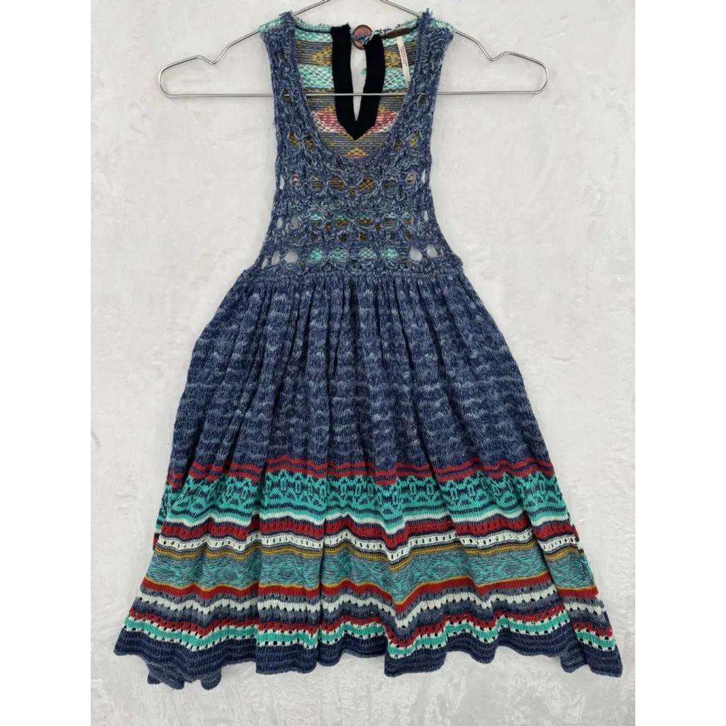 Free People Rare Striped Crochet Tank Tunic Dress Tribal Boho Southwestern XS - Image 5
