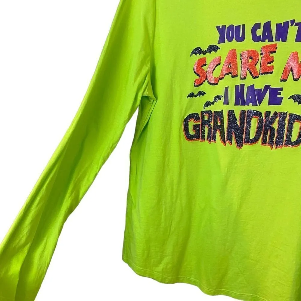 Halloween " You Can't Scare Me" Grandma Glitter Cotton Top Size XL Green - Image 3