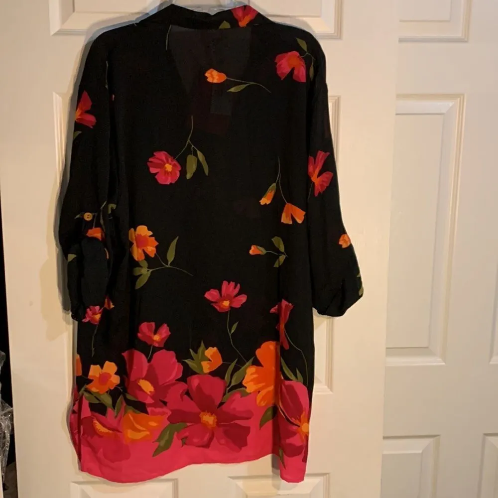 Cole Blouse Black with Orange Poppies Size M. Shoulder to Wrist 28 inches NWT Black Size M - Image 2