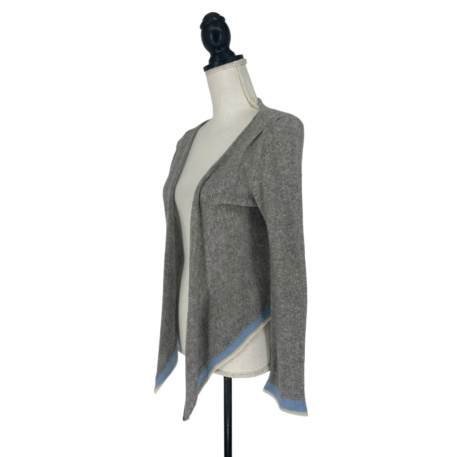 Casmari Gray Open Front Cashmere Blend Sweater with Blue & White Stripe Trim - Image 3