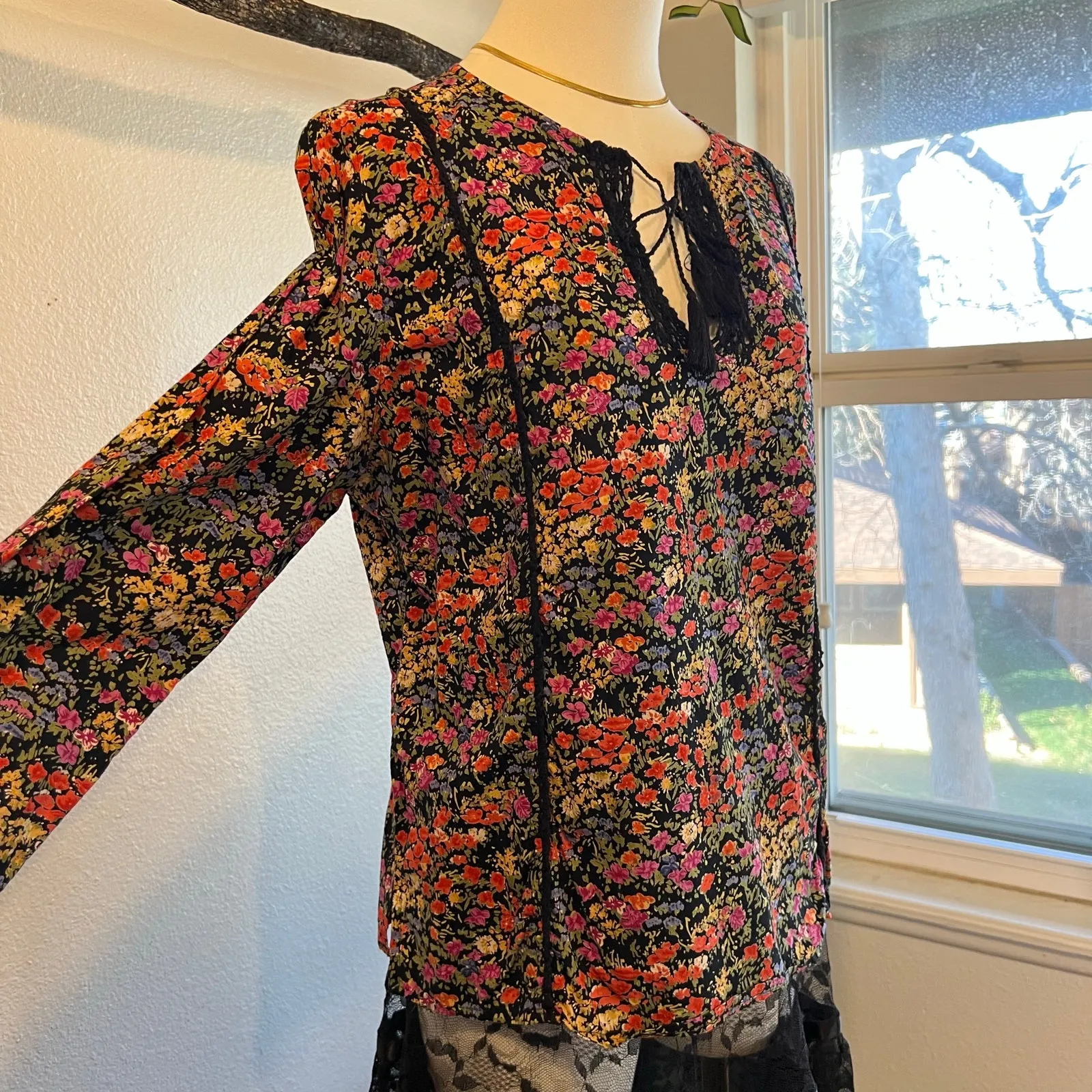 90s Black Moody Floral Print Cotton Crochet Indie Blouse Size 14 India Made Size L - Image 9