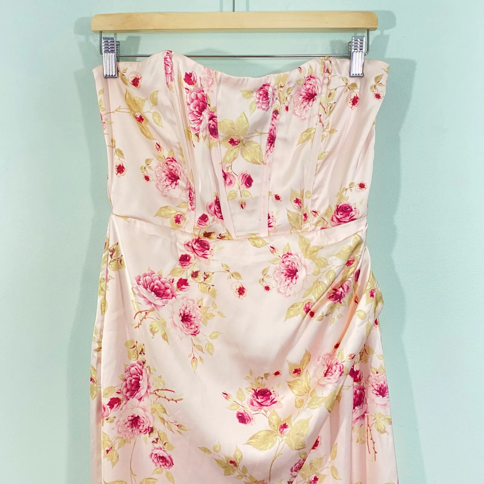 Altar'd State Floral Ruth Corset Satin High Slit Strapless Maxi Dress Size M - Image 3