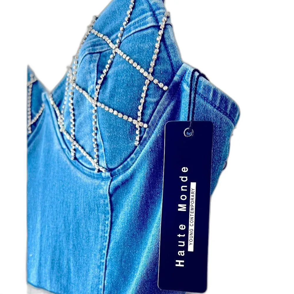 Women’s Sequin bustier denim bodycon jumpsuit skinny stretch size M. - Image 4