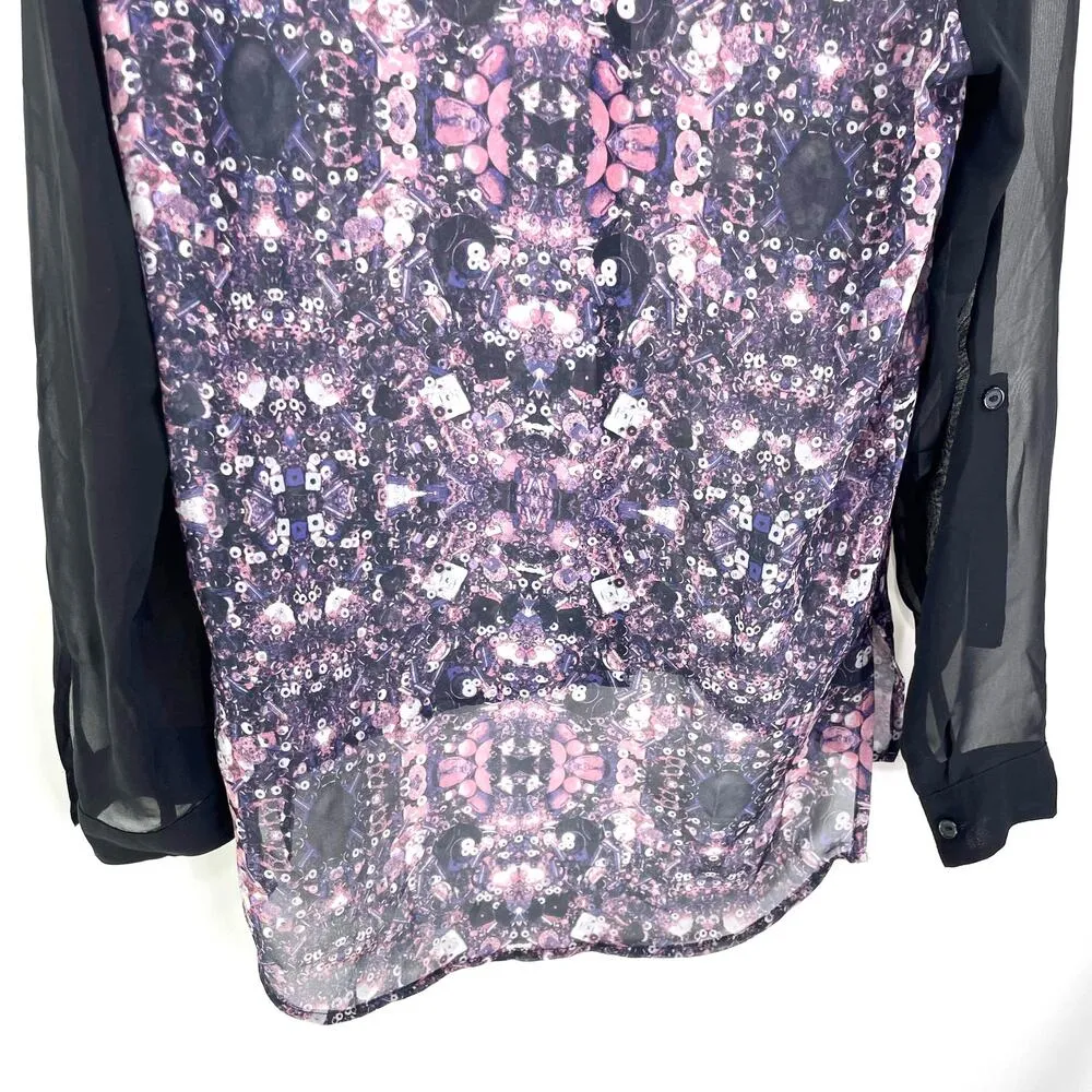 STUDIO Y Black Purple Sheer Geometric High Low Blouse - Image 12