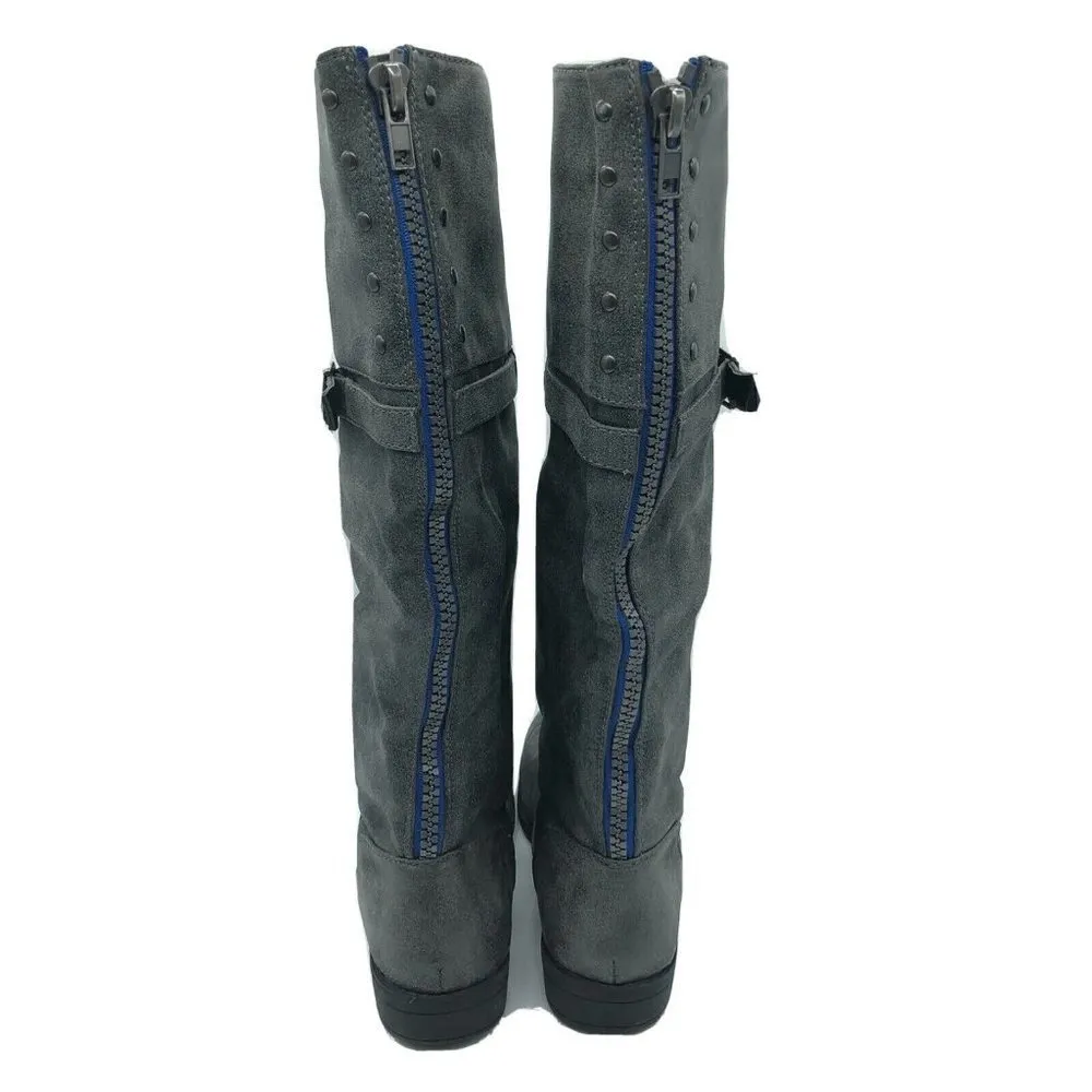 Madden Girl Womens Combat Boots Knee High Faux Leather Zipper Studded Gray 8 - Image 4