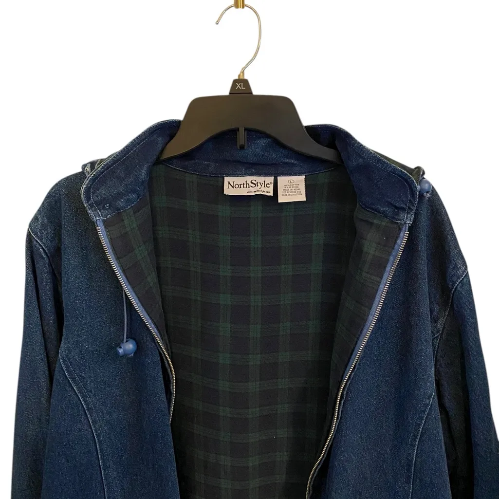 NorthStyle Denim Chore Coat Barn Jacket Green plaid flannel lining Hooded Fall Blue Size L - Image 5