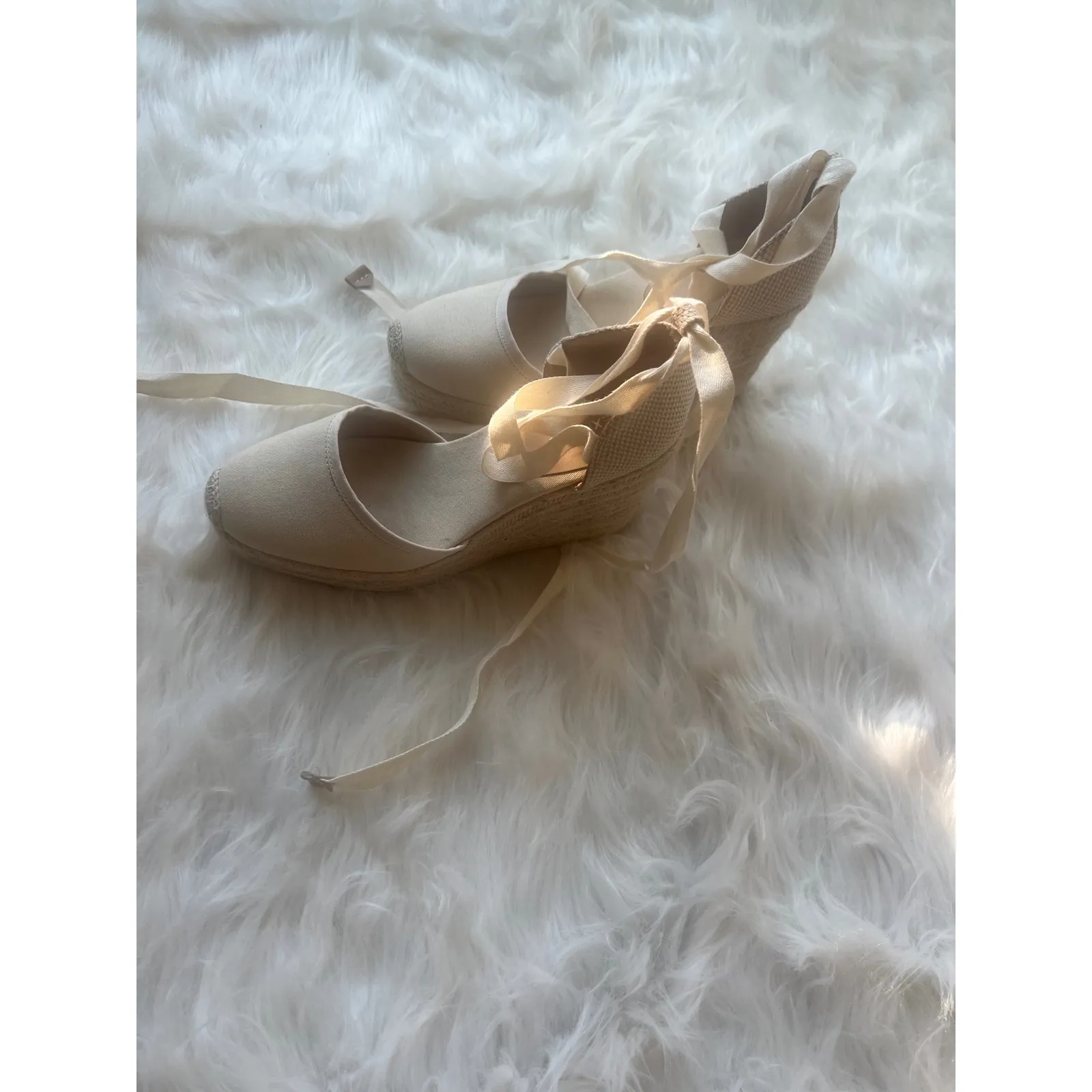 Express Espadrille Wedge ‎ woman's
sz 8 Heels Ankle Wrap Tie Ribbon Beige - Image 2