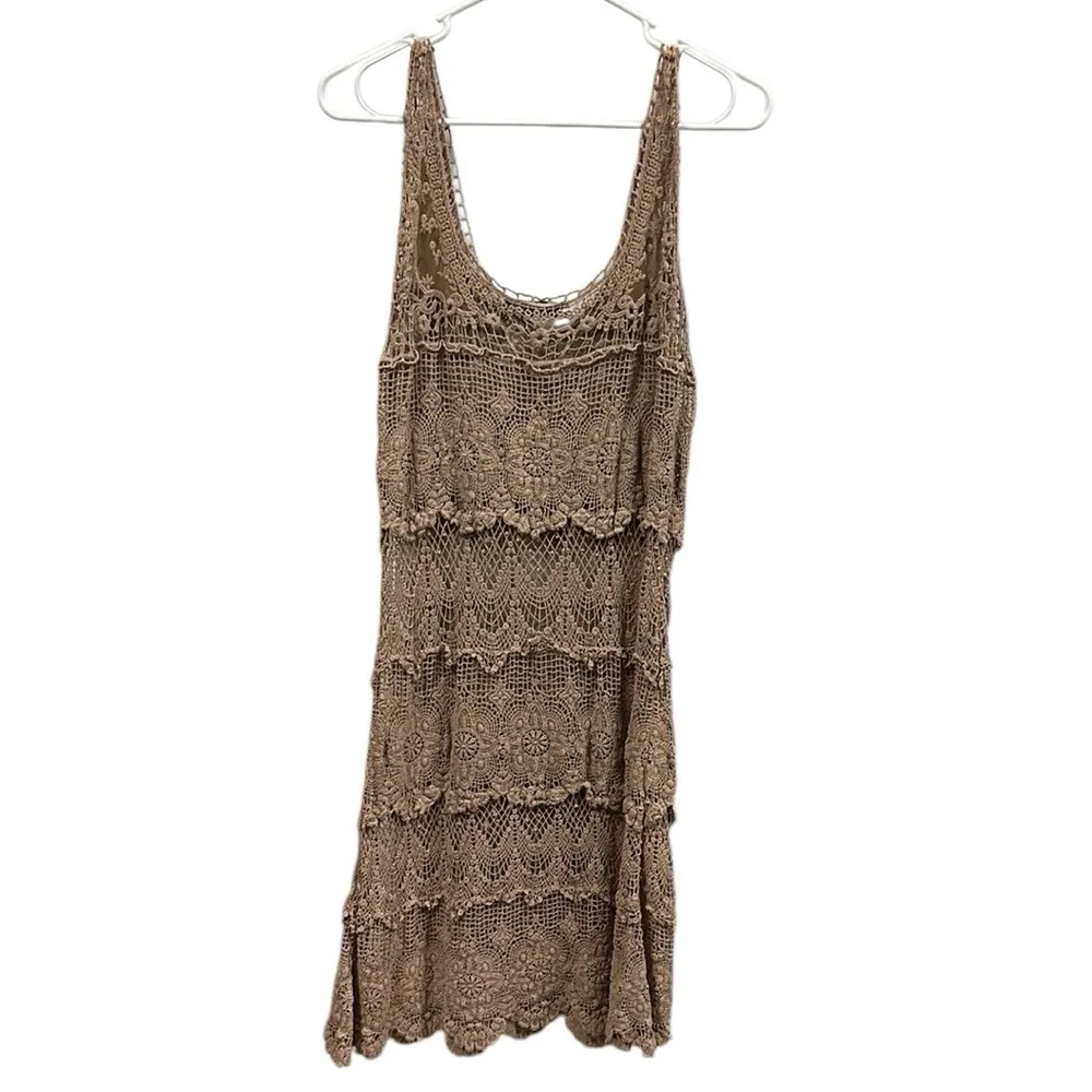 Solitaire Ravi Khosla Tan Lace Boho Crochet Knee Length Coverup Dress Womens S - Image 8