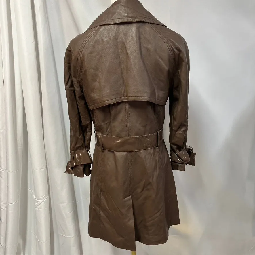 Bebe‎ Leather Brown Belted Trench Coat Womens Medium 70's Spring Steampunk - Image 12