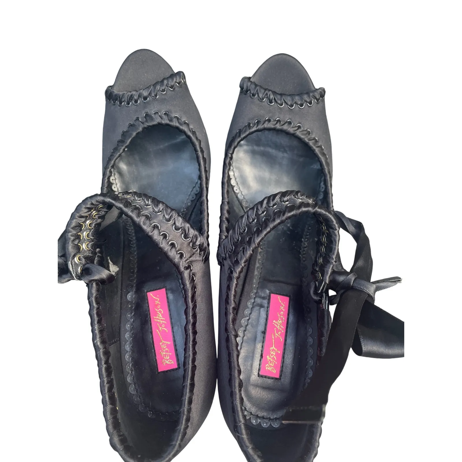 Betsey Johnson Black Satin‎ Heels Peep Toe Bow Tie Stiletto Pumps Size 10M - Image 7