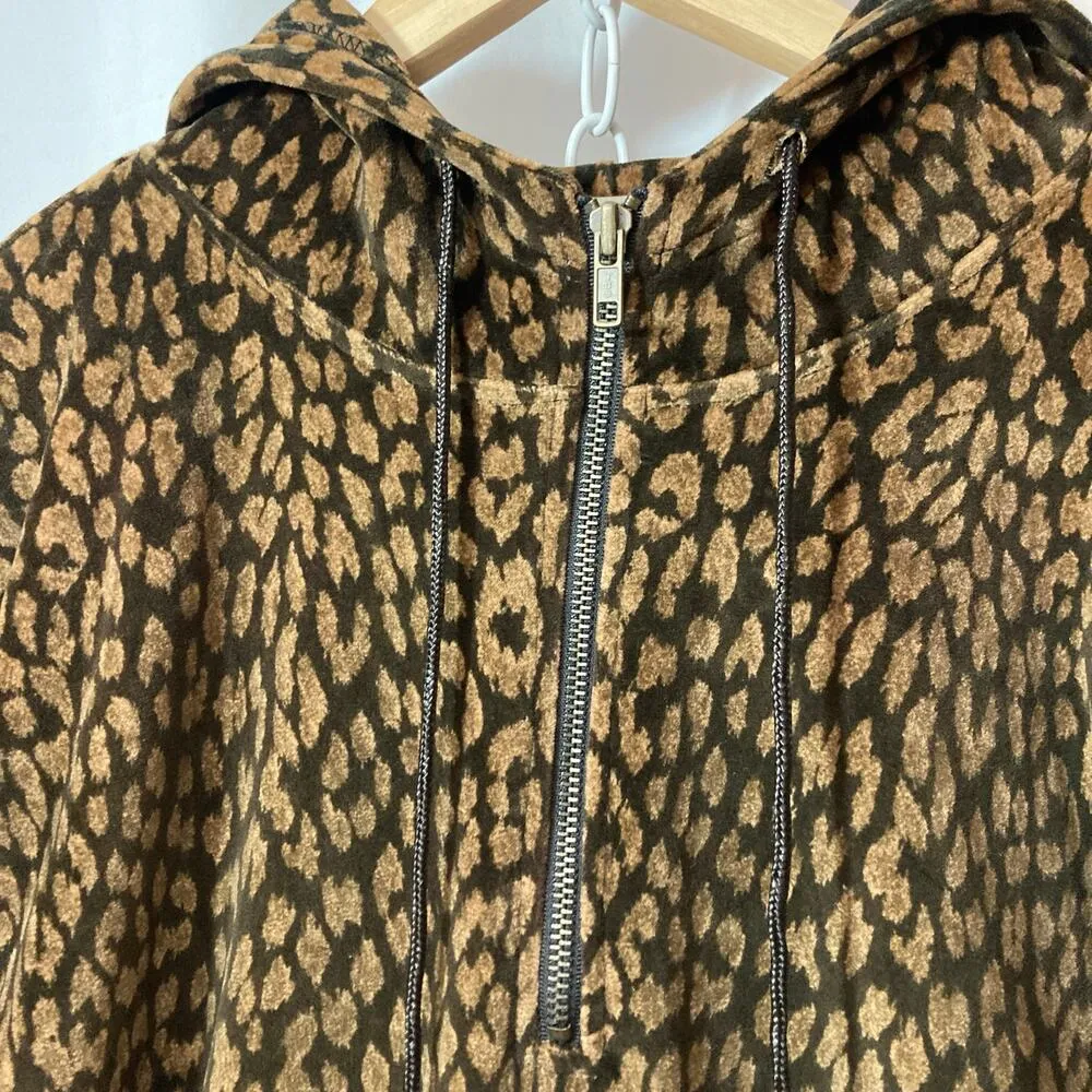 Jones New York Velour Brown Black Leopard Print Half Zip Hooded Long Sweatshirt - Image 2