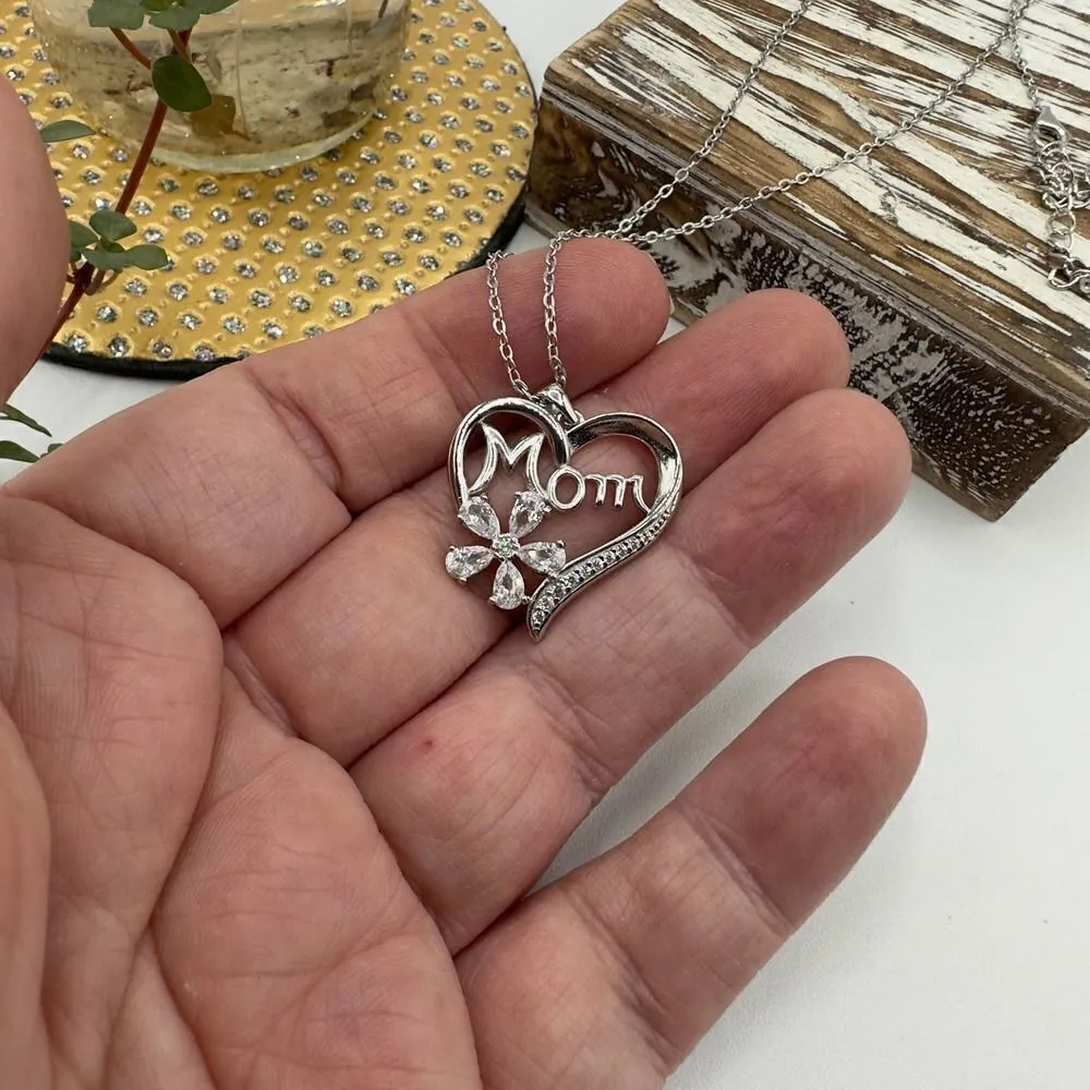 Mom Sterling Silver CZ Heart Necklace - Image 3