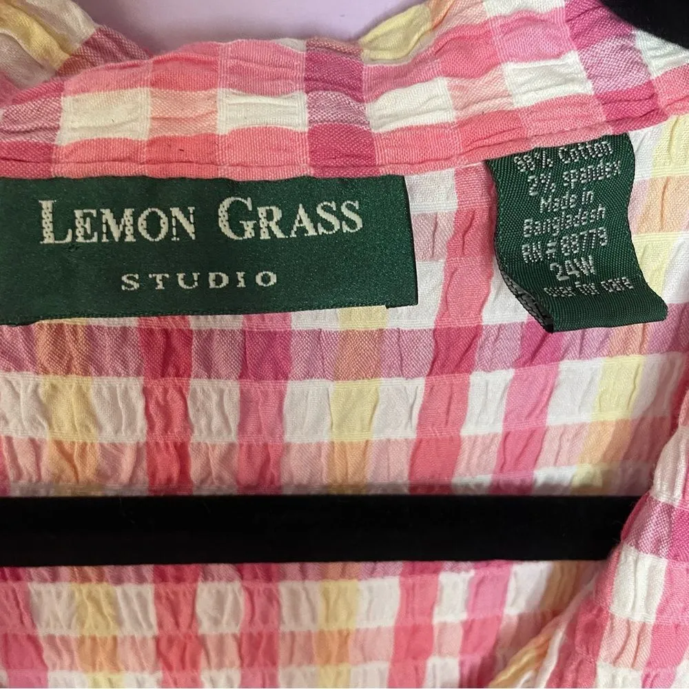 Lemon Grass Studio Pink Yellow Plaid Gauzy Cotton Sleeveless Button Front 24W - Image 7