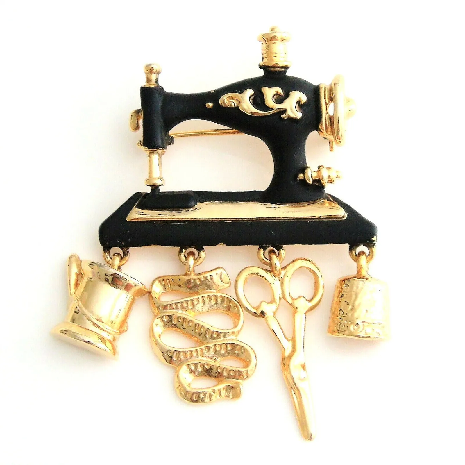 Danecraft Sewing Machine Brooch Pin Scissors Tape Measure Thread Needle Thimble Black - Image 3
