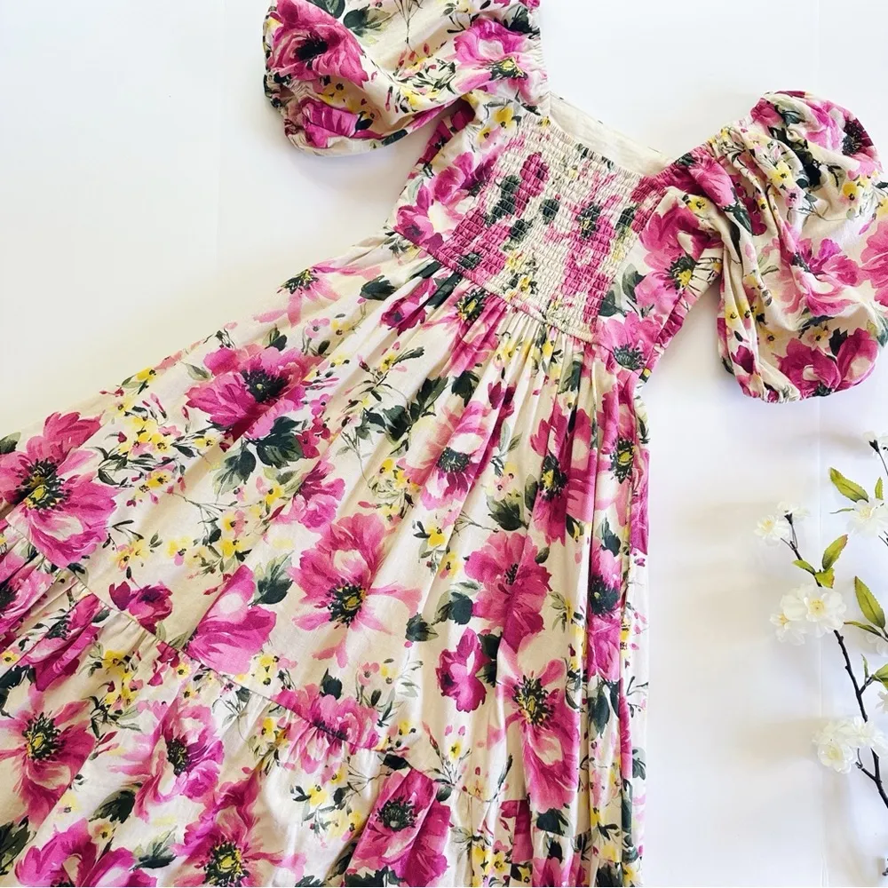 NEW Abercrombie & Fitch Emerson Poplin Puff Sleeve Midi Dress in Pink Floral XXS - Image 9