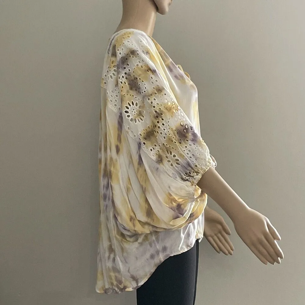 Young Fabulous And Broke Tie Dye Eyelet 3/4 Sleeve Relaxed Fit Womens M Artsy - Image 2