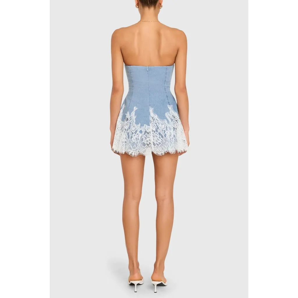 Amanda Uprichard Romilly Skort Romper in Sky Wash Medium Womens Denim Lace - Image 10