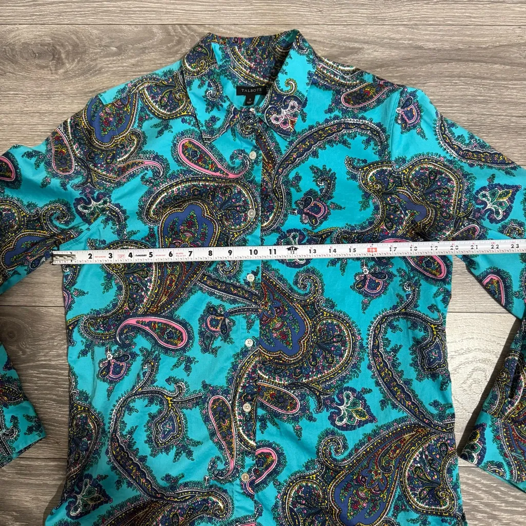 Talbots Women Turquoise Paisley Floral Button-Down Casual Long Sleeve Shirt Sz S - Image 11