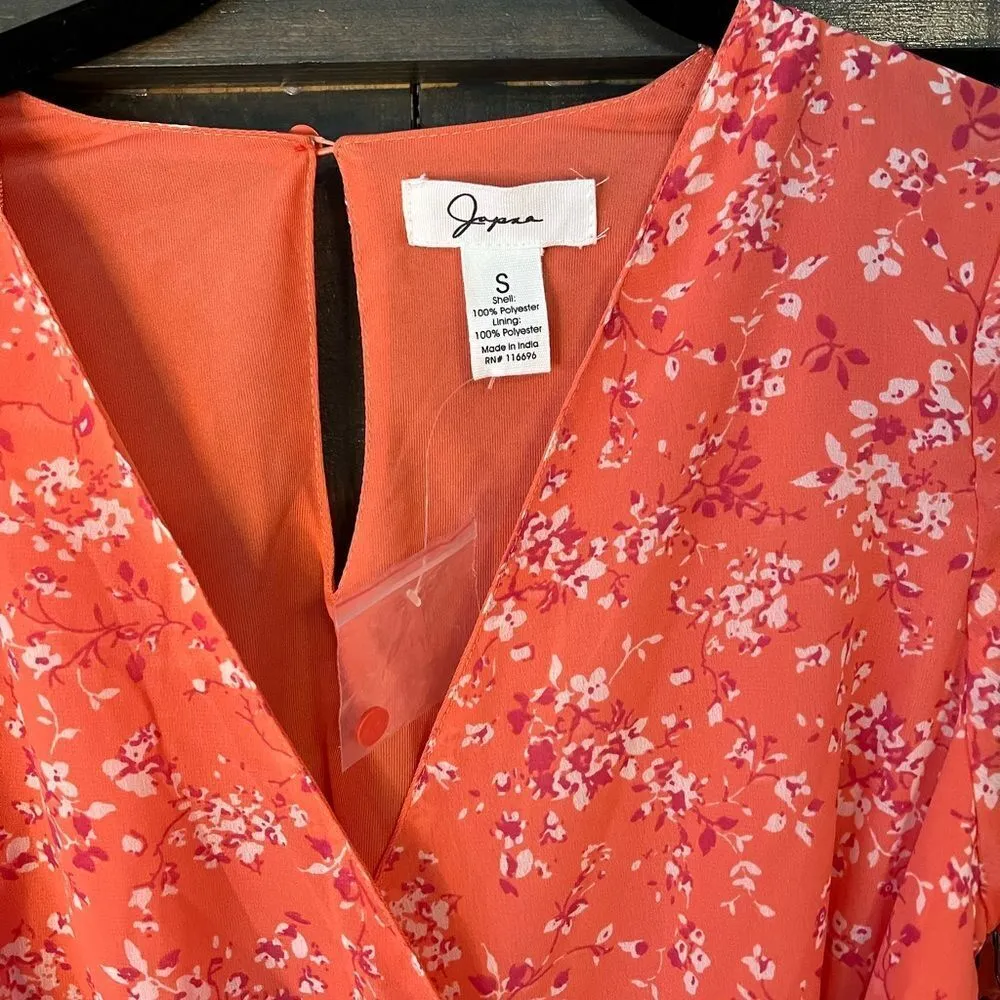 Coral Floral Long Sleeve Wrap Dress‎ with Ruffle Hem Romantic Spring Style E27 - Image 7