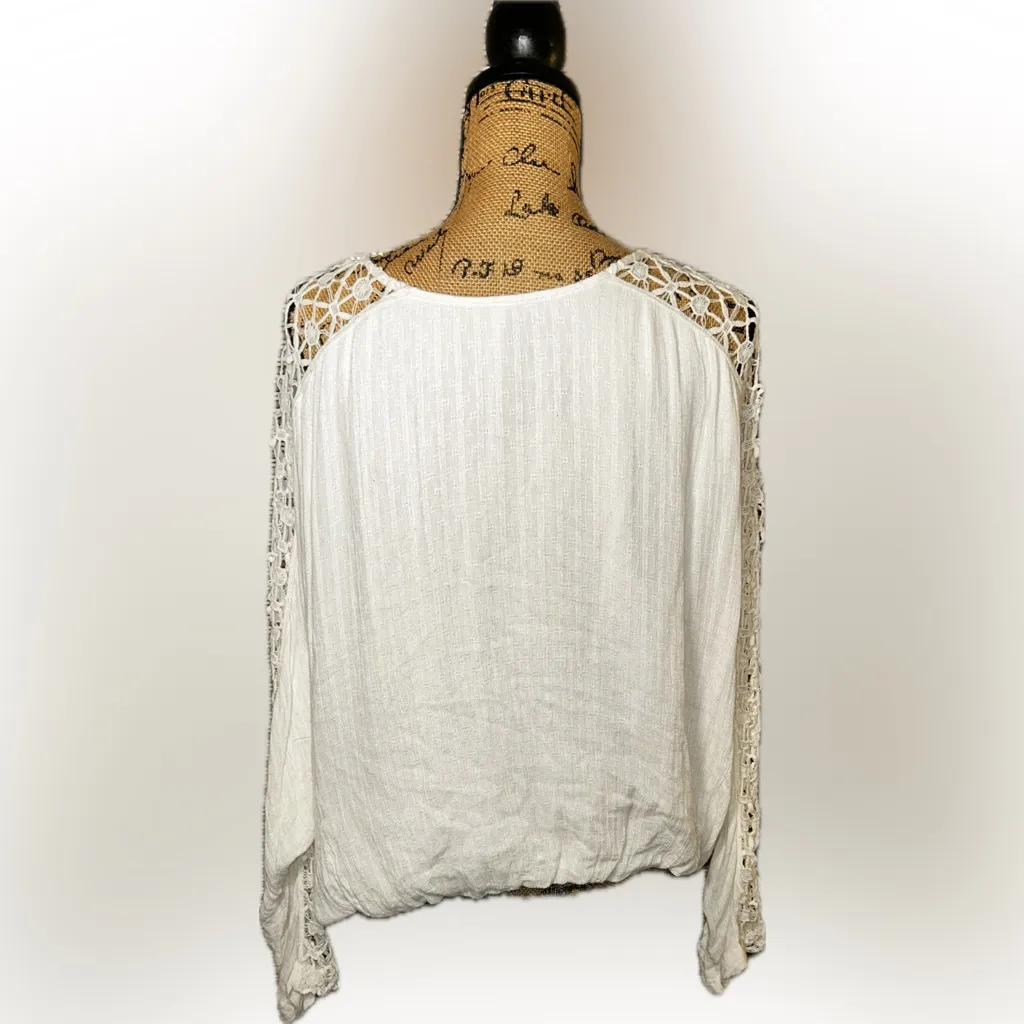 Free People Runaway Crochet Long Sleeve Billowy Gauze Deep V Cottagecore Top L - Image 5