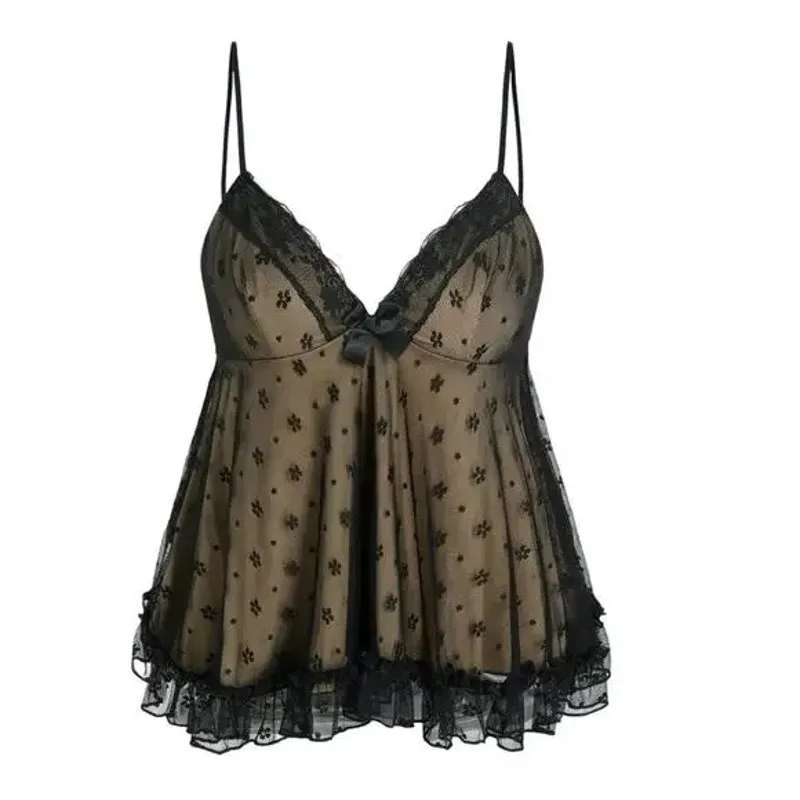 NWT Sexy Floral Lace V Neck Ruffle Cami Stretch Top Adjustable Strap M Black Tan - Image 12