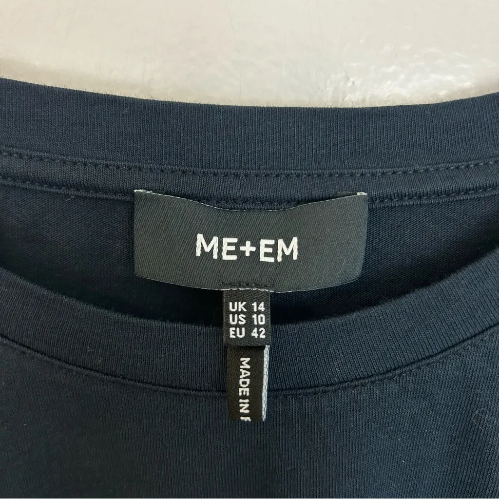 ME+EM Navy Blue Eyelet Lace Balloon Sleeve Jersey Cotton Boho Top Size 10 - Image 5