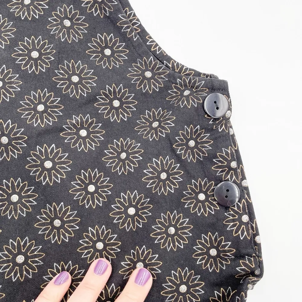 Earthbound Cotton Overall Shorts Romper Black Silver Gold Floral Size Medium - Image 6