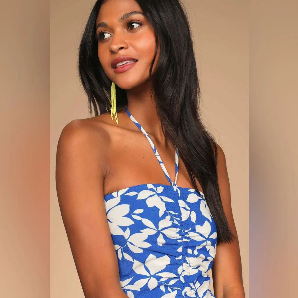LULUS Show Off Time Blue Floral Print Ruched Halter Bodycon Dress Size XL NWT - Image 9