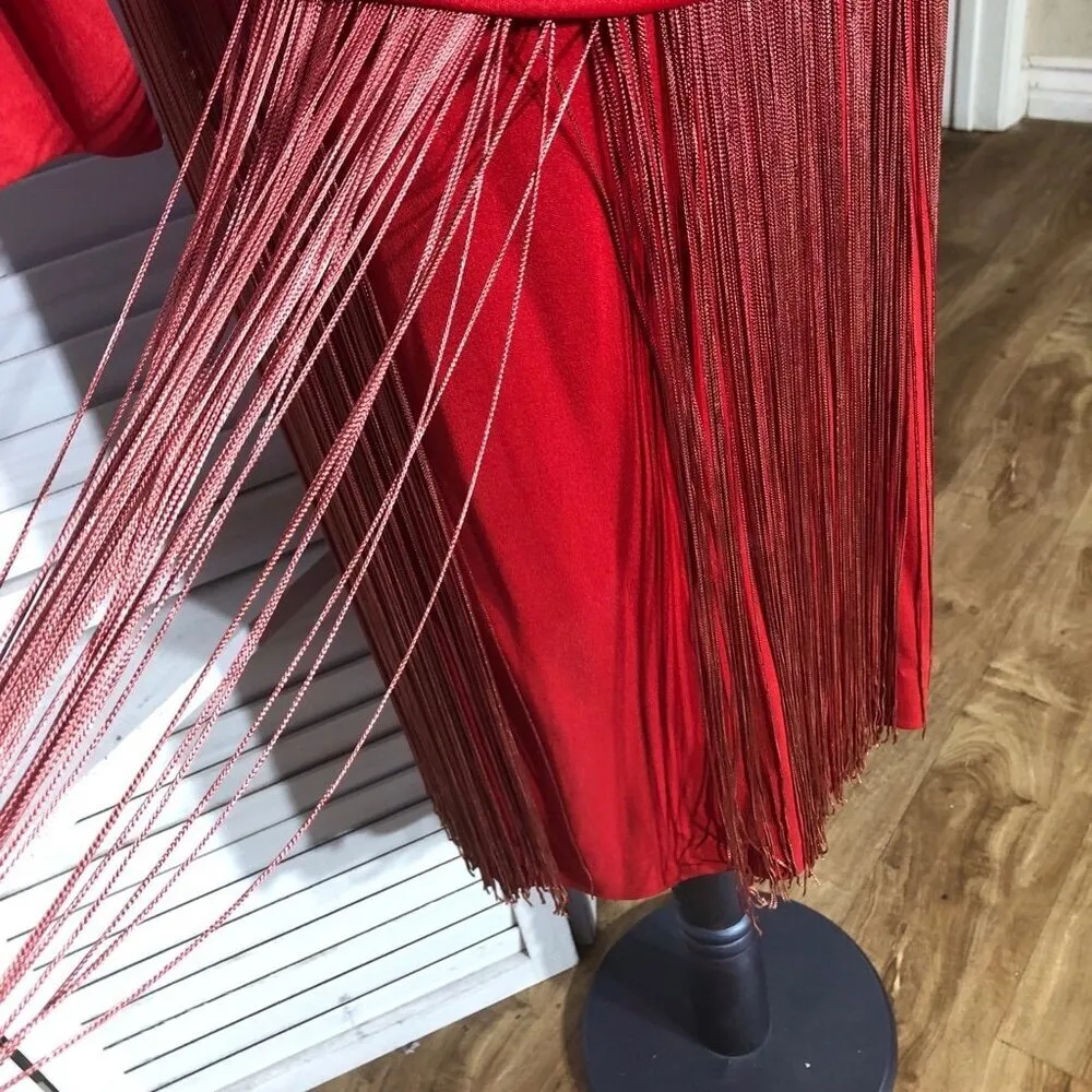Vintage rare 70s Red Fringe 20s Flapper style elegant Cocktail Dress Sz L Size L - Image 11