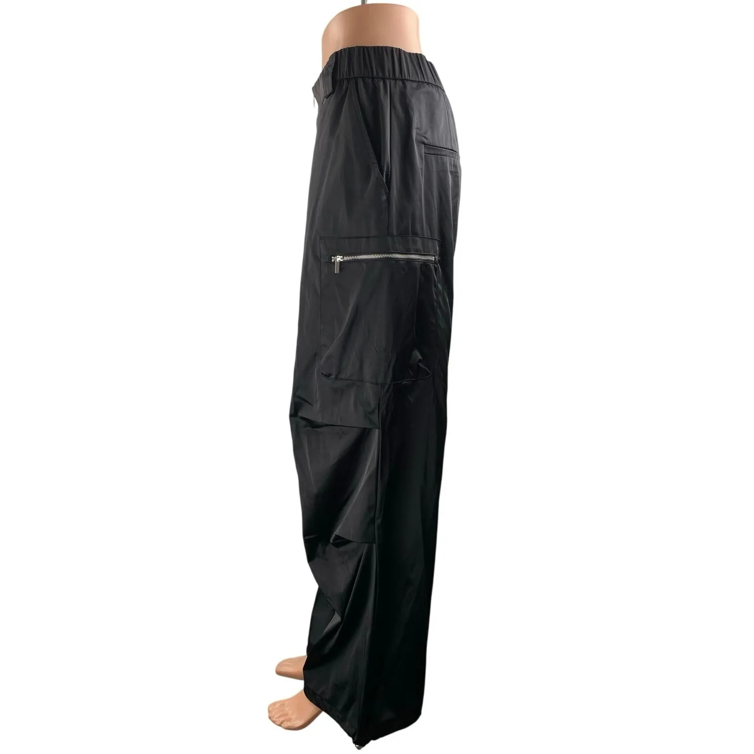 Zara Women's Black Gigh Waisted Zip Up Windbreaker Baggy Wide Leg Cargo Pants M - Image 2