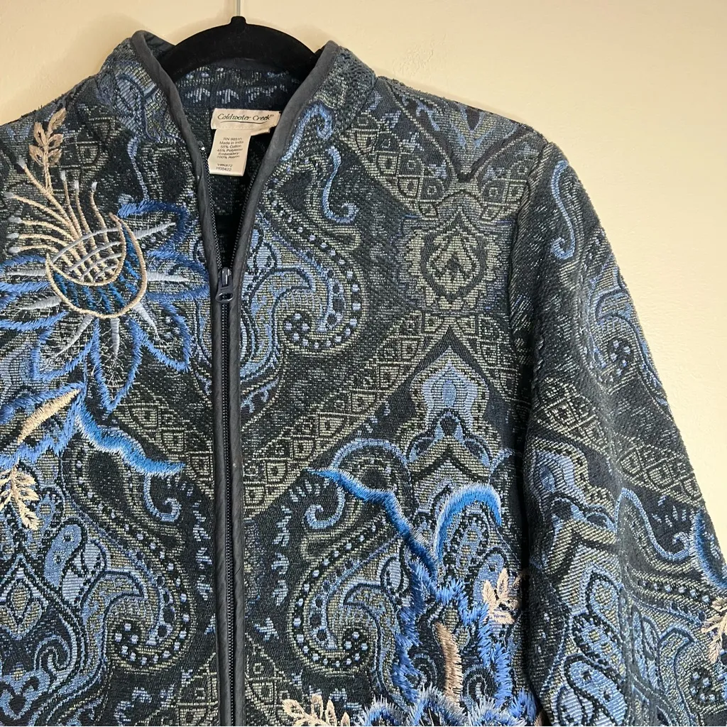 Coldwater Creek Zip Jacket Small Blue Paisley‎ Floral Embroidered India - Image 2