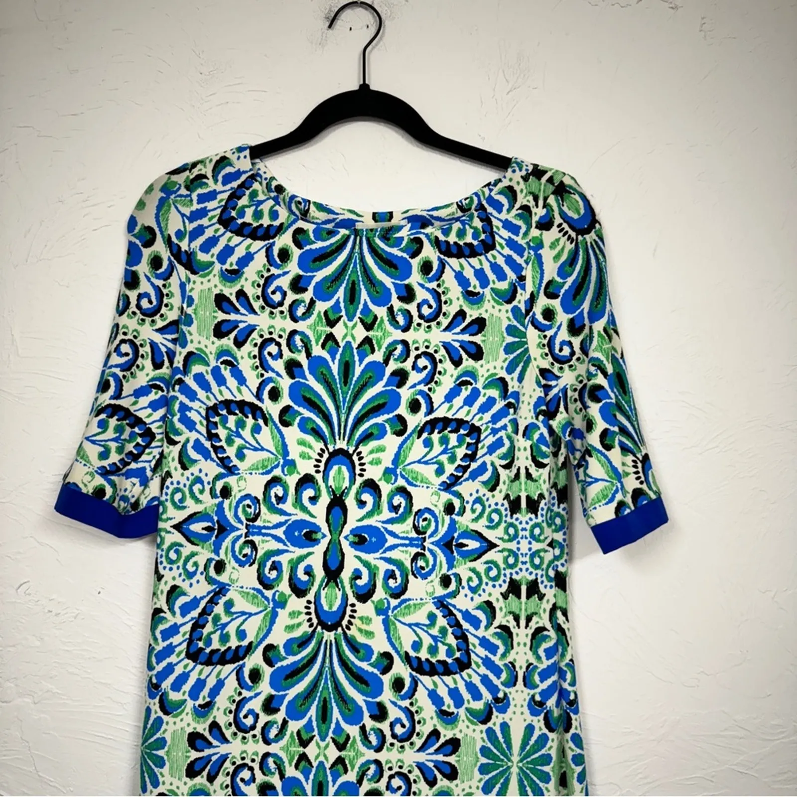 Eliza J Blue Paisley Sheath Dress Womens 4 Mini 3/4 Sleeve Preppy Office Work - Image 2