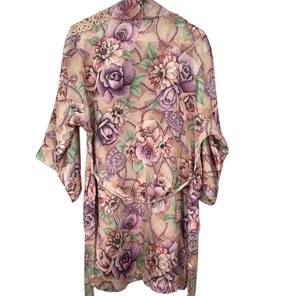 Vintage 90's Satin Floral Short Robe Kimono Lace Cottage Core Feminine Boho S Pink - Image 4