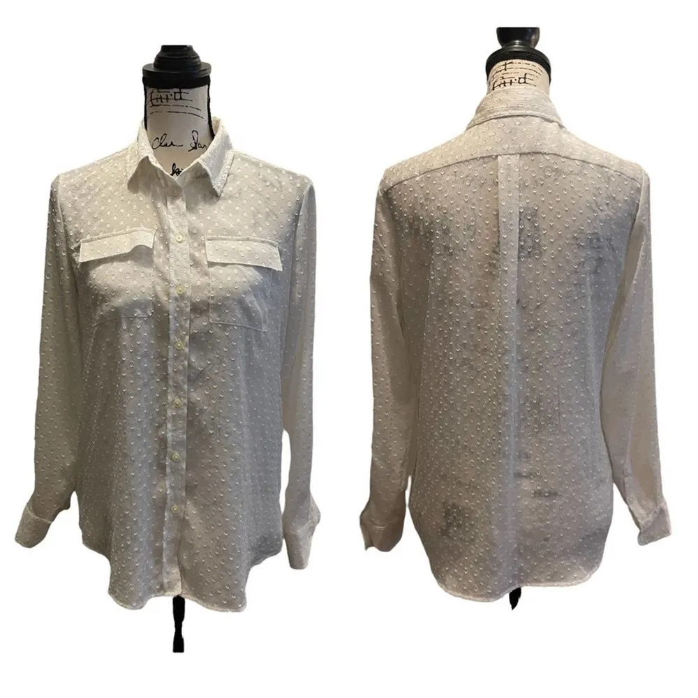Banana Republic Button Down Shirt White Ivory Petite Size Small Sheer Polka Dot - Image 8