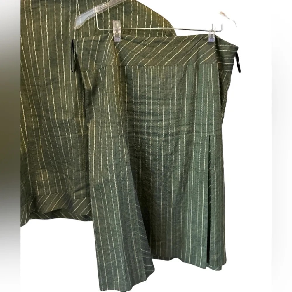 Lafayette 148 Women's Green Striped linen blend Blazer skirt set Size 14 - Image 16