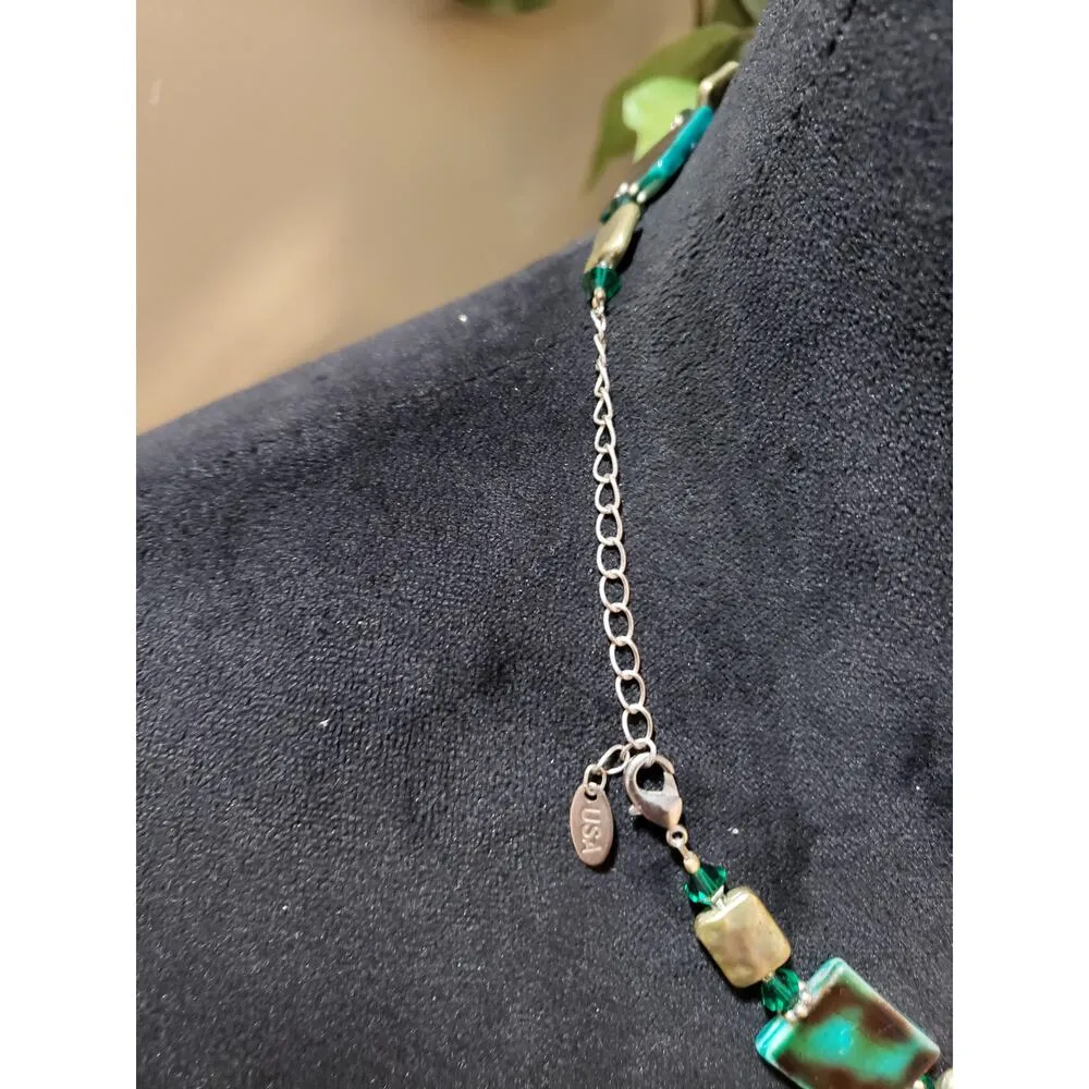 Womens Sea Blue Square Turquoise White Murano Link Stone Necklace with Lobster - Image 6