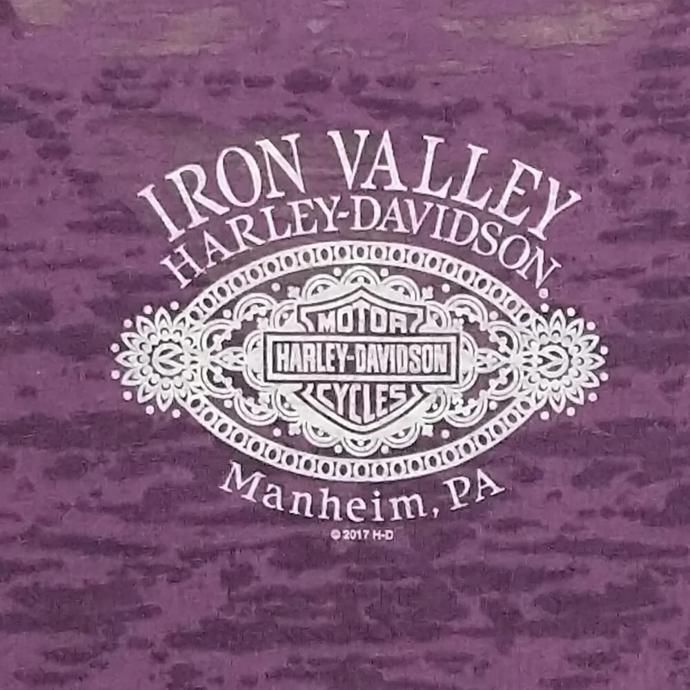 Harley Davidson Purple Burnout Top Tee Shirt Embellished Manheim Motor Cycles M - Image 7
