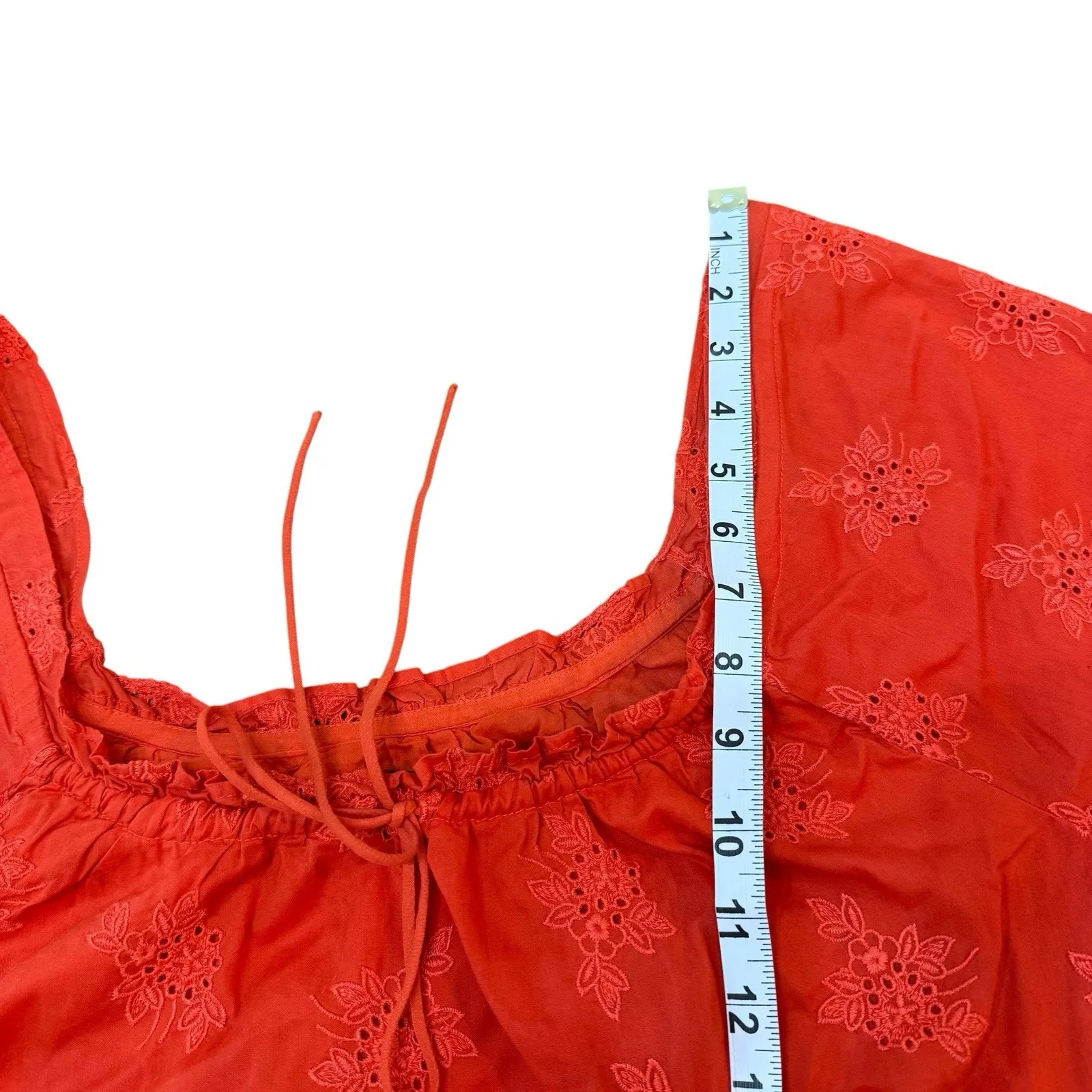 J. Crew Brilliant Orange Floral‎ Embroidered Eyelet Ruffle Peasant Top Medium Size 8 - Image 8