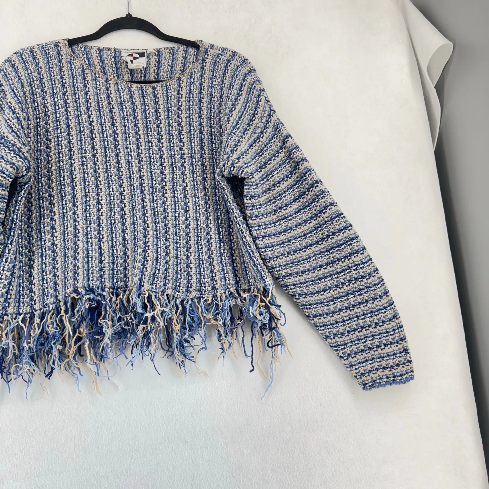 It’s Our Time Vintage Cotton Knit Sweater Fringe Hem Blue Beige Striped USA Made - Image 6
