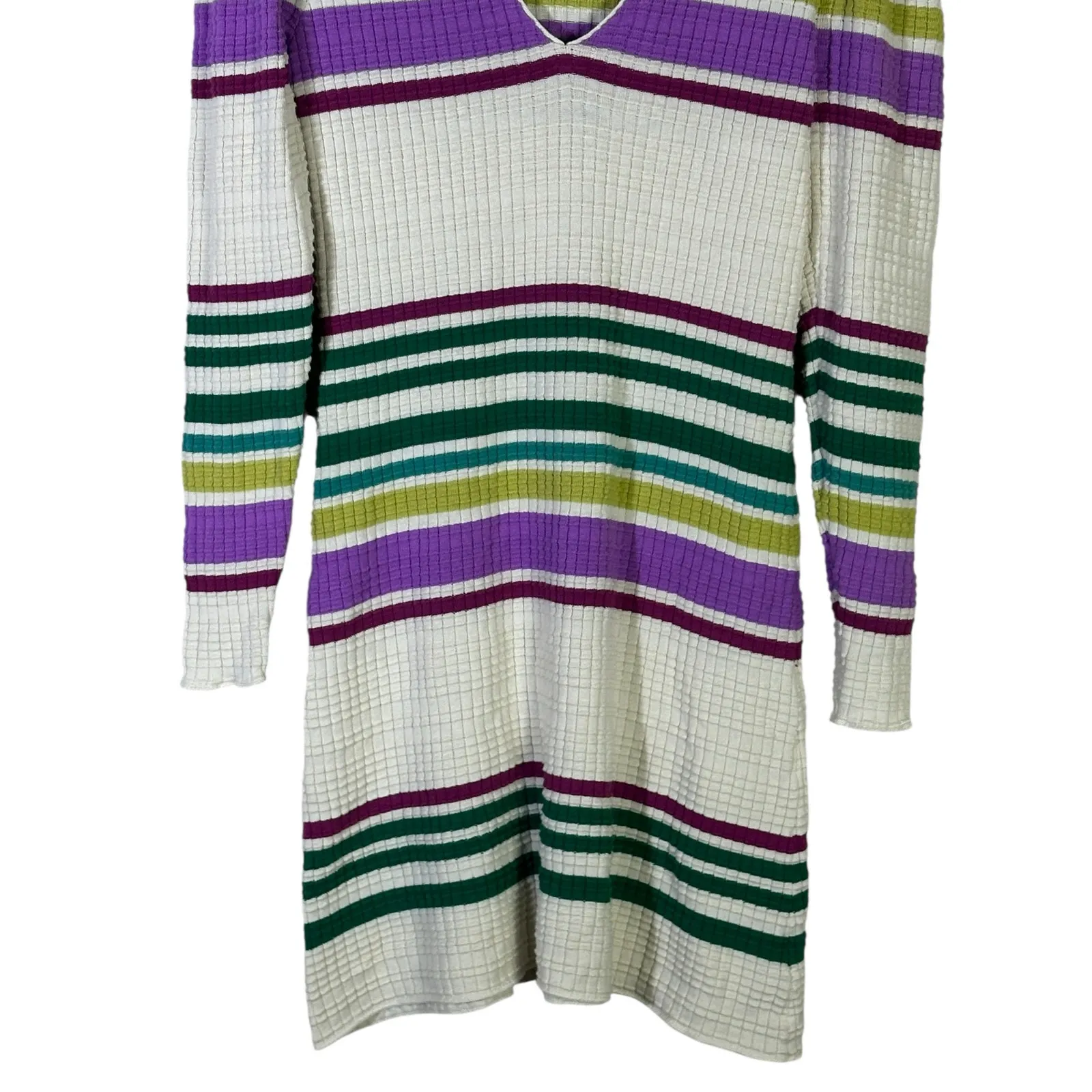 Free People Gidget Sweater Dress Womens S Ivory Stripe Cotton Knit V Neck Retro - Image 4