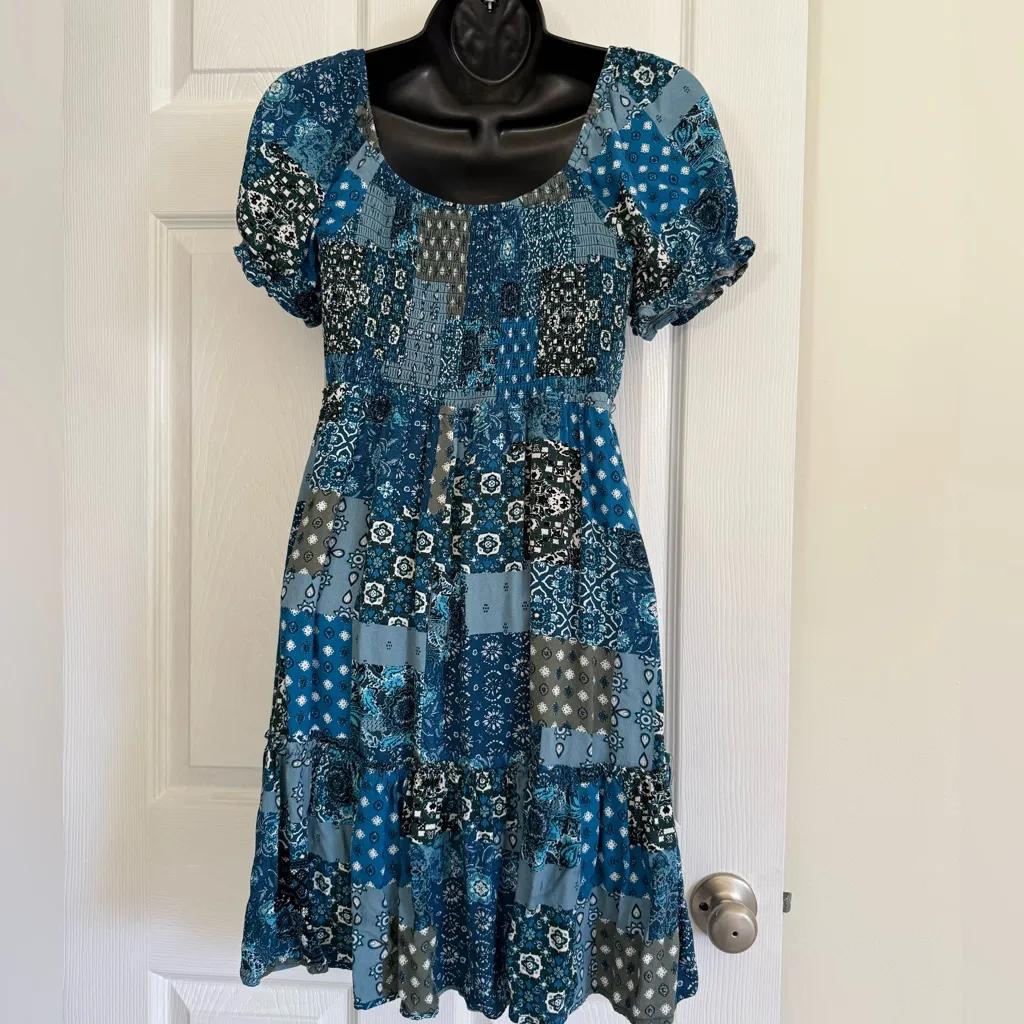 Rewind Paisley Babydoll Mini Dress Size M Teal Navy Cowgirl Western Boho Holiday - Image 5