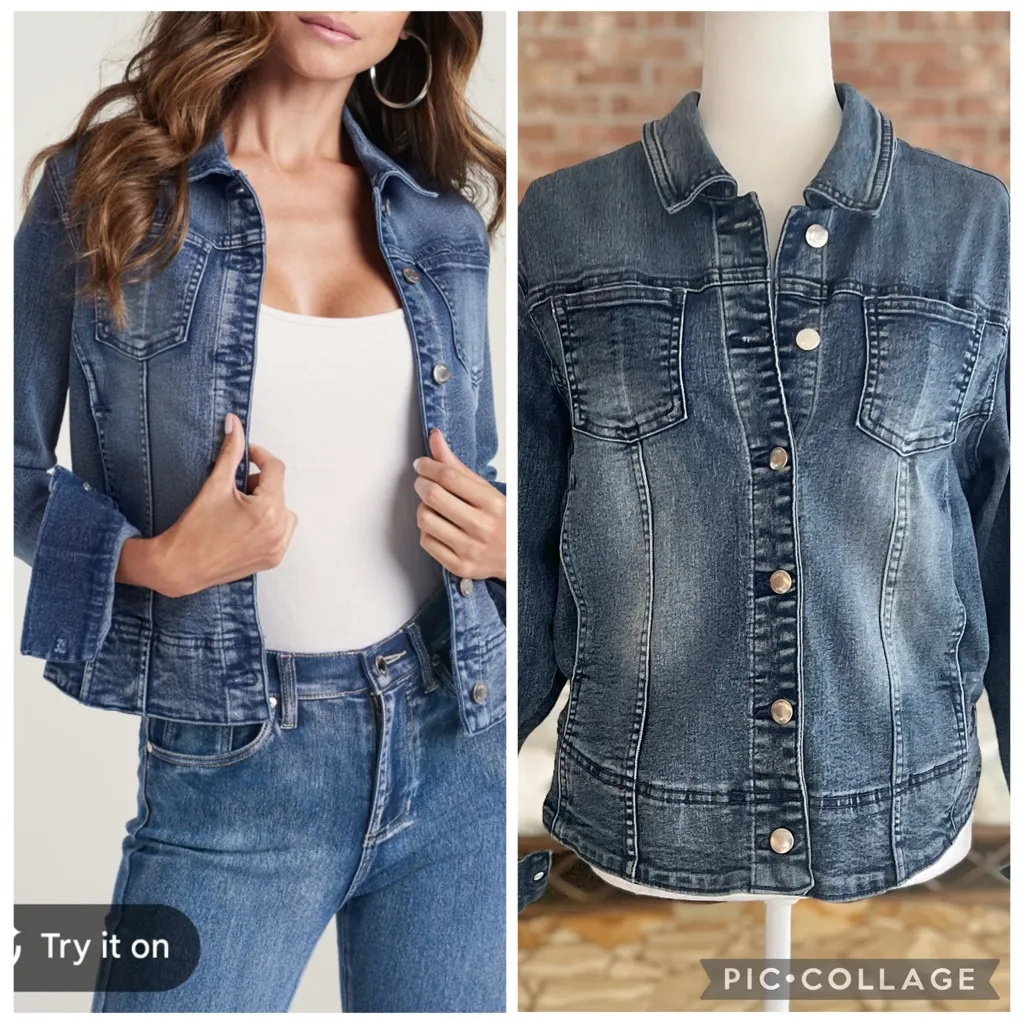 Venus Denim Jacket Medium Wash Large Distressed Trucker Biker Classic - Image 2