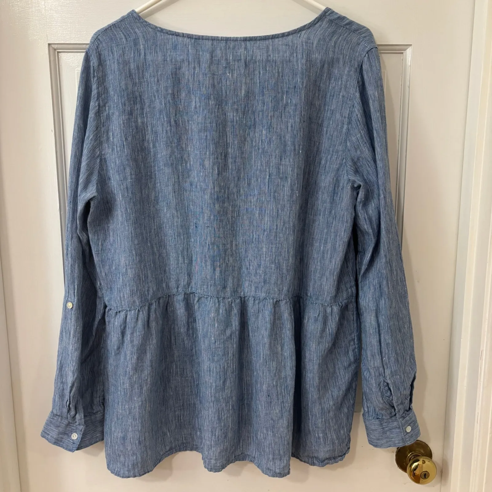 Sigrid Olsen Linen Relaxed Tiered Boho Peplum Tunic Top Blue Button Front M - Image 3