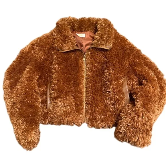 Maeve by Anthropologie Faux Fur Sherpa Teddy Jacket‎ Brown Zip Medium - Image 2
