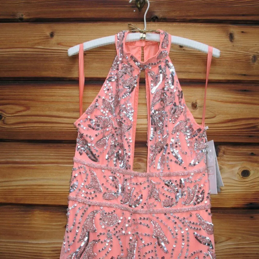 MAC DUGGAL 6030 Womens High Neck Embellished Mesh Gown With Slit Dress Coral - Image 8