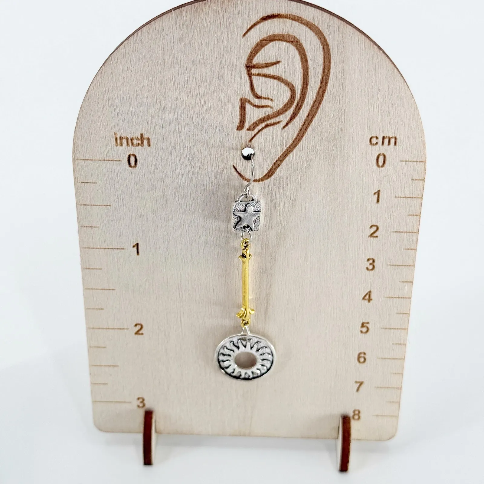 Mismatched Mixed Metal Celestial Star Moon Sun Dangle Drop Earrings Gold - Image 4