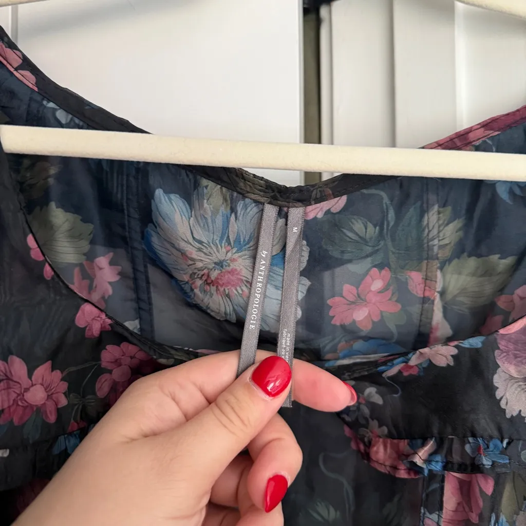 Anthropologie Floral Sheer Blouse Long Sleeve Black - Image 4
